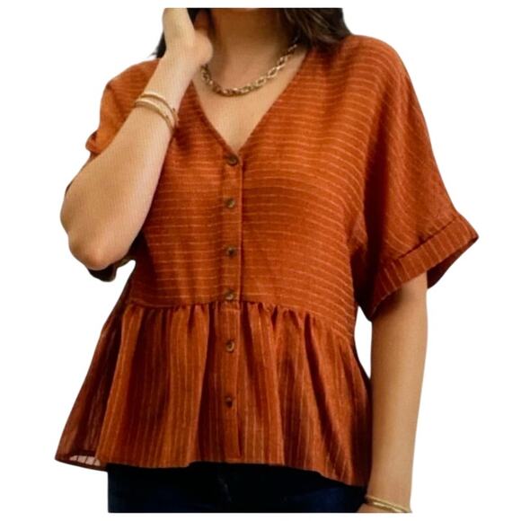 Blu Pepper Anthropologie Rust Brown Striped Peplum Babydoll Blouse Medium V Neck - Picture 1 of 7